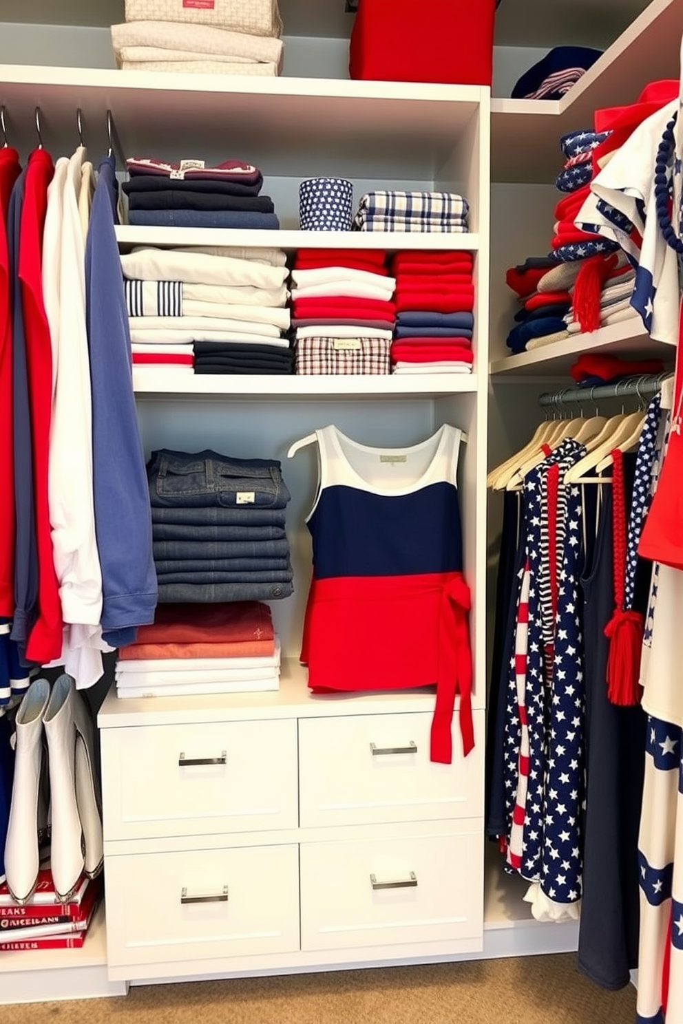 A vibrant closet display featuring clothing in red white and blue hues arranged by type and size. The shelves are neatly organized with folded shirts and stacked denim while hanging space showcases dresses and accessories that celebrate Independence Day.