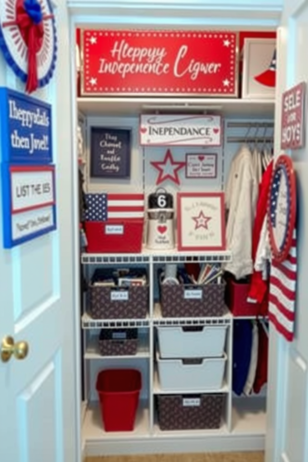 The closet is adorned with themed signage celebrating Independence Day. Red white and blue colors dominate the decor with stars and stripes motifs enhancing the organization.