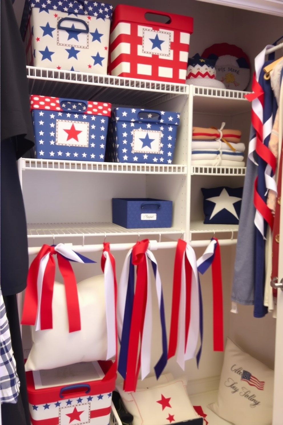 A patriotic themed closet organizer features red white and blue color schemes with stars and stripes designs. The shelves are adorned with decorative bins labeled with festive motifs for an organized and celebratory look. Independence Day closet decorating ideas include hanging red white and blue ribbons from the closet rod. Add themed accessories like small flags and decorative cushions to create a festive atmosphere.