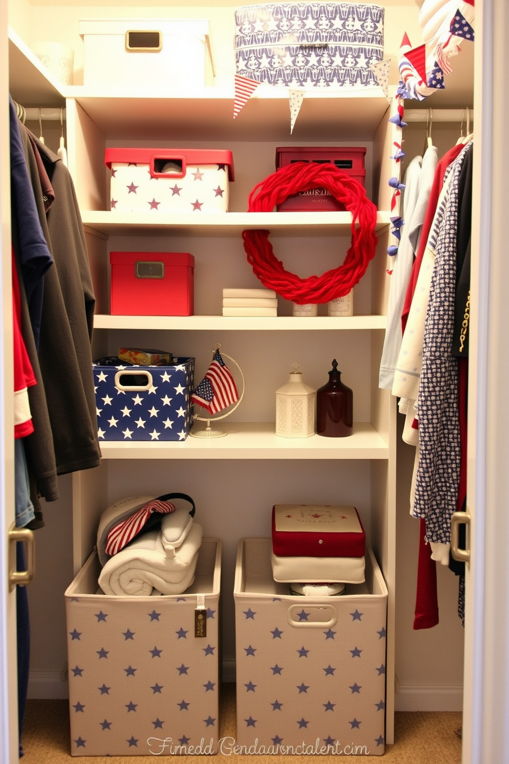 Create a cozy and festive closet space decorated for Independence Day. Incorporate star patterned storage boxes that add a touch of patriotism while providing functional organization. Use red, white, and blue accents throughout the closet to enhance the holiday theme. Add decorative elements like small flags or themed garlands to create a cheerful atmosphere.