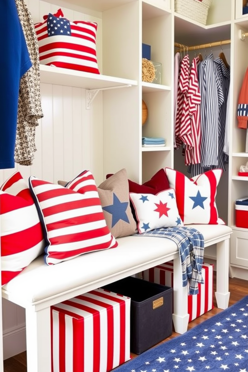 A vibrant and festive closet space adorned with red white and blue cushion pads that evoke the spirit of Independence Day. The cushions are arranged on a stylish bench, complementing the patriotic theme with striped patterns and star motifs.