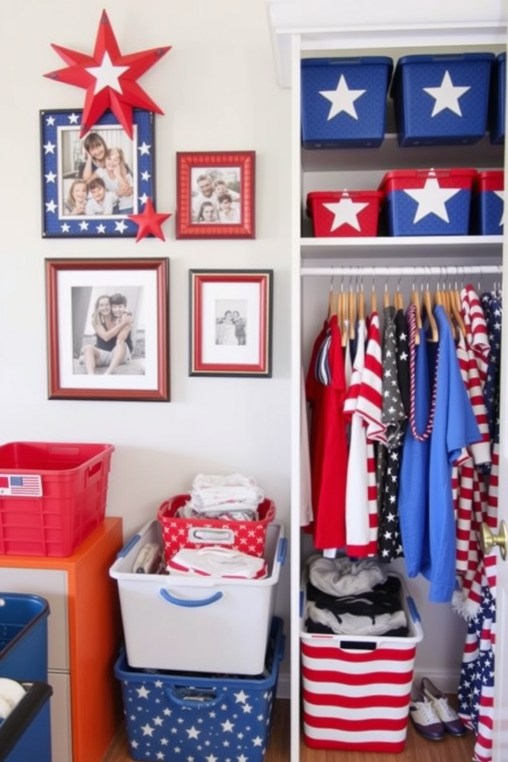 Independence Day themed photo frames. The frames are adorned with red white and blue colors featuring stars and stripes, showcasing family memories from past celebrations. Independence Day closet decorating ideas. The closet is organized with festive red white and blue storage bins, and patriotic themed clothing is displayed prominently to celebrate the holiday spirit.