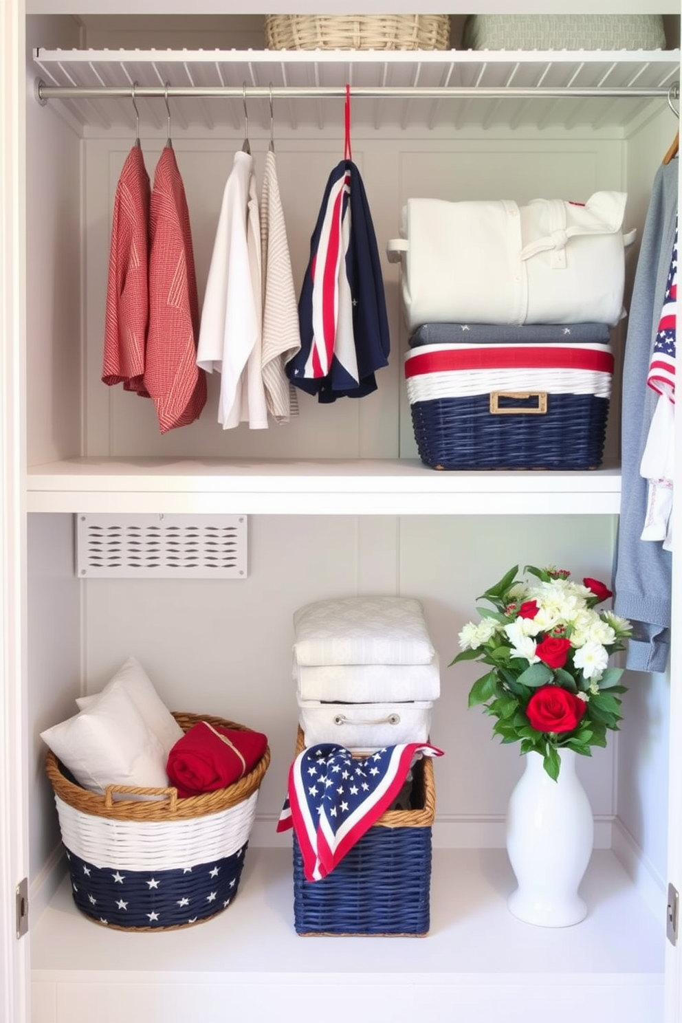 Create a cozy and inviting closet space that showcases seasonal scent sachets for freshness. Incorporate red white and blue elements to celebrate Independence Day while maintaining a clean and organized look. Use decorative baskets to store accessories and highlight patriotic colors in your closet decor. Add a touch of elegance with a small display of seasonal flowers or themed artwork to enhance the festive atmosphere.