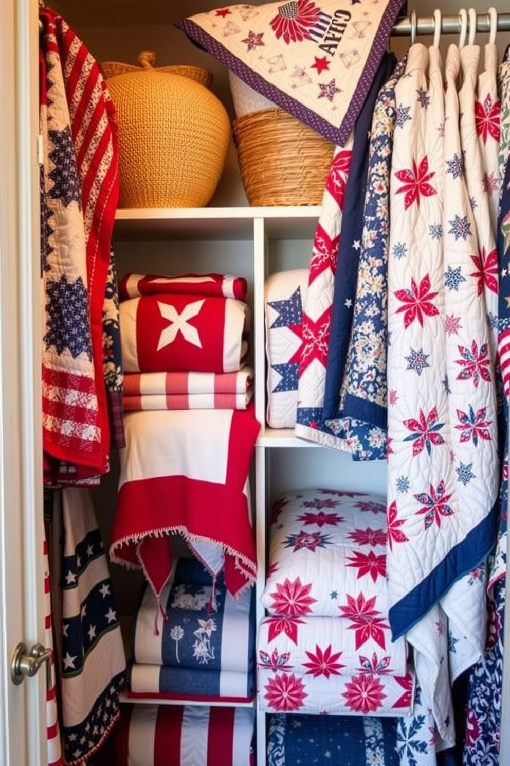 Decorative quilts draped elegantly over shelves create a cozy and inviting atmosphere in the closet. A mix of red, white, and blue patterns celebrates Independence Day while providing warmth and style. Incorporate vintage-inspired quilt designs that evoke a sense of nostalgia and patriotism. Soft textures and vibrant colors will enhance the overall aesthetic of the closet space.