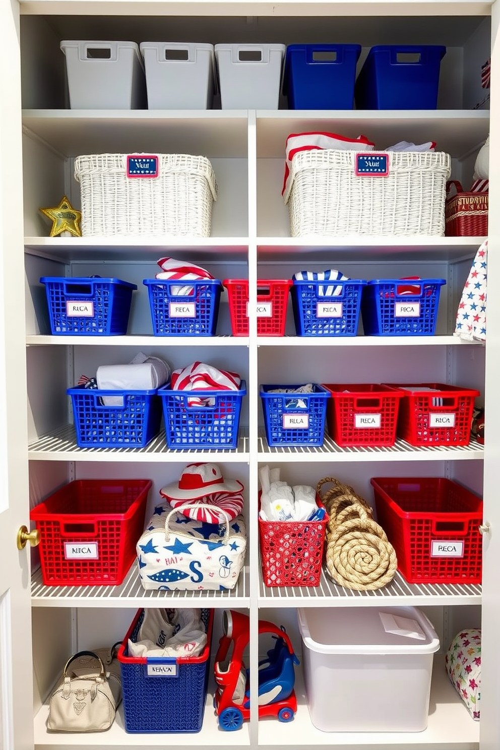 Create a vibrant closet space designed for storing holiday accessories with a focus on Independence Day. Incorporate colorful bins in red, white, and blue, neatly organized on shelves to showcase a festive theme.