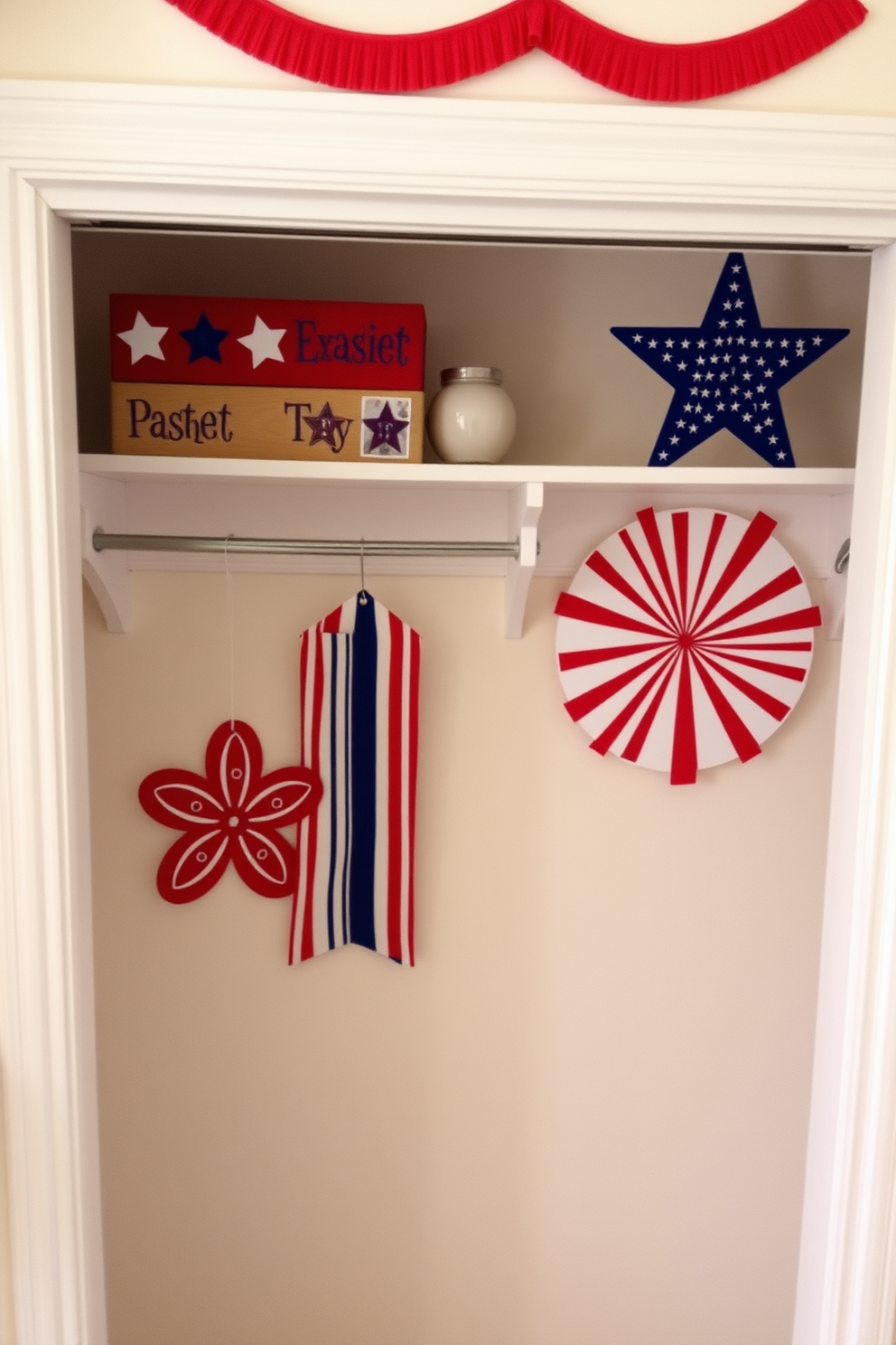 Festive wall art for closet space featuring vibrant red white and blue colors. The artwork includes stars and stripes designs that evoke the spirit of Independence Day.