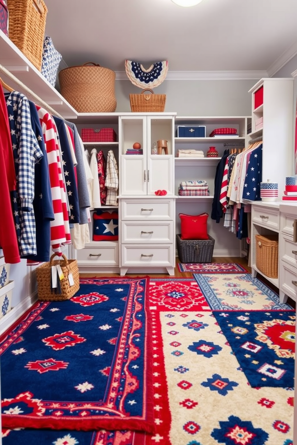 A vibrant closet space decorated with red white and blue themed rugs to celebrate Independence Day. The rugs feature bold patterns that evoke a festive atmosphere, while the closet is organized with stylish storage solutions and patriotic accents.