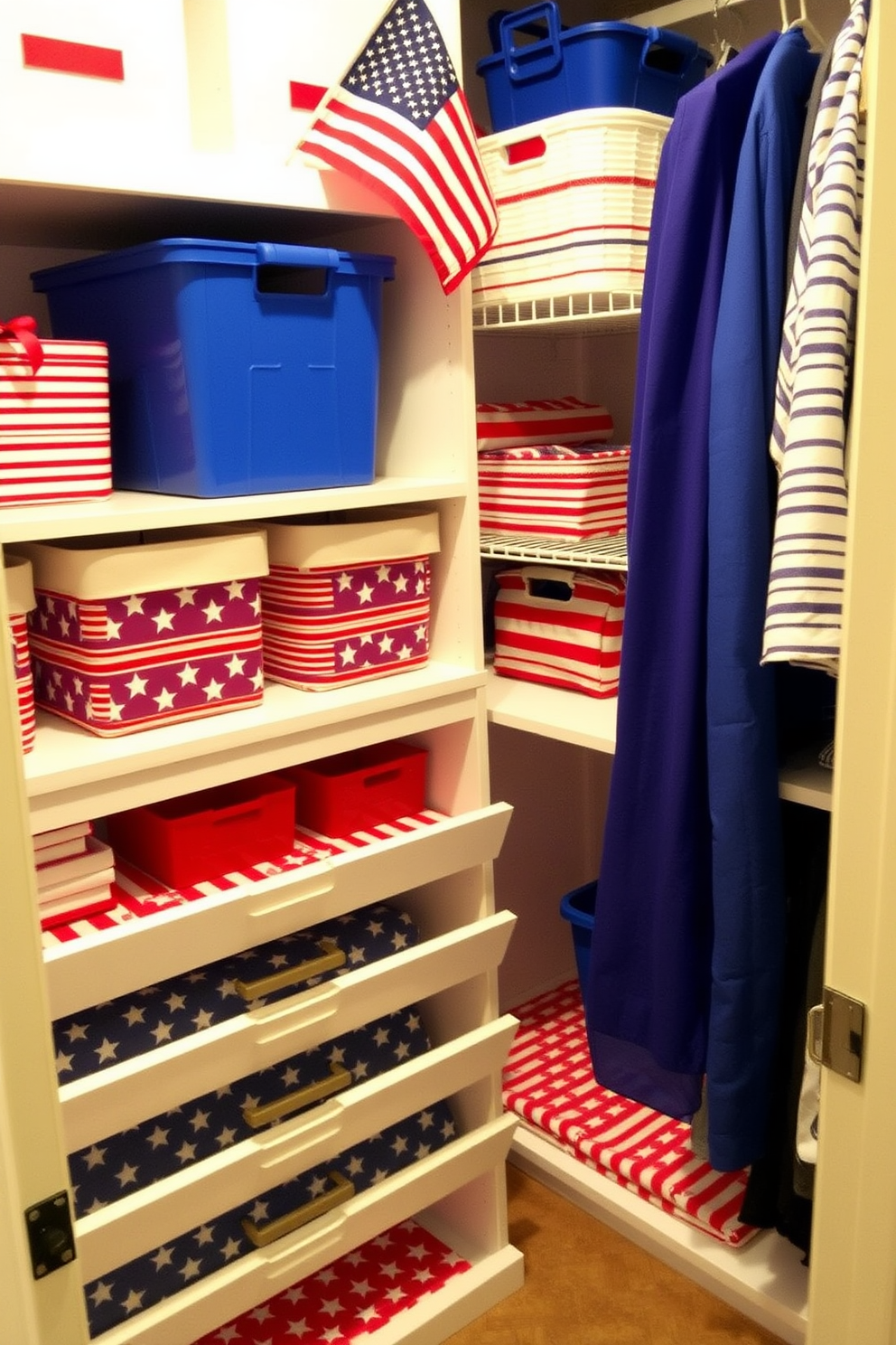 A vibrant closet space decorated for Independence Day. The drawer liners feature a bold stars and stripes pattern in red white and blue creating a festive atmosphere. The shelves are neatly organized with coordinating accessories such as red and white striped baskets and blue storage bins. A small American flag is displayed prominently on the top shelf adding to the patriotic theme.