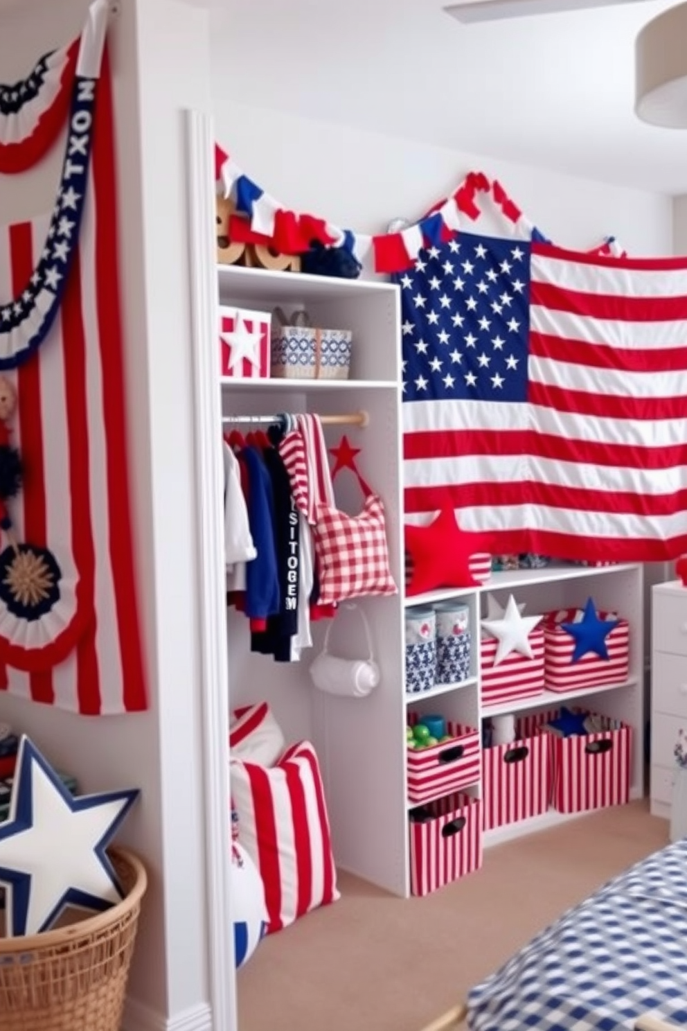 A festive display of stars and stripes decor fills the room, celebrating Independence Day with vibrant colors and patriotic symbols. The walls are adorned with red, white, and blue bunting, while a large American flag serves as a focal point. The closet features creative storage solutions, with neatly arranged shelves showcasing themed accessories and clothing. Decorative elements like star-shaped cushions and striped baskets add a playful touch to the overall design.