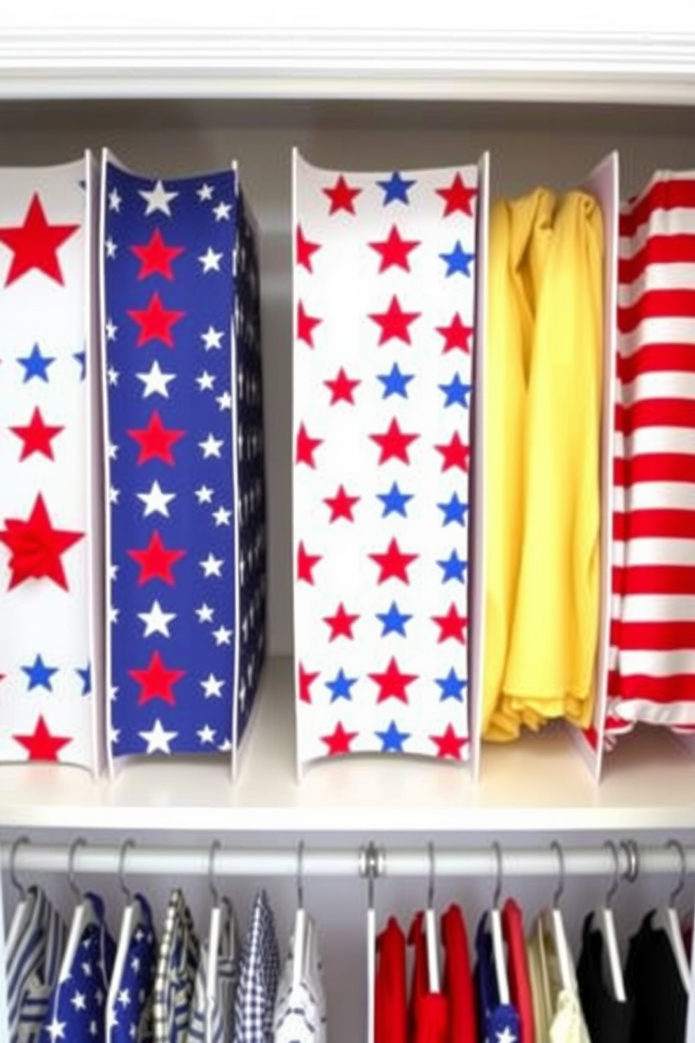 Create a patriotic themed closet featuring dividers adorned with red white and blue patterns. Each divider showcases stars and stripes to celebrate Independence Day while maintaining a stylish organization.