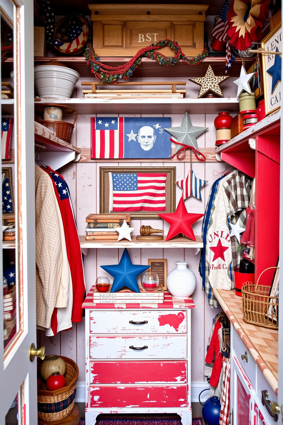 A vintage Americana inspired closet features red, white, and blue color schemes with rustic wooden shelves. Vintage flags and patriotic decorations adorn the walls, creating a festive atmosphere for Independence Day. The closet showcases a mix of traditional and contemporary elements, with distressed finishes and vintage accessories. Functional storage solutions are blended with decorative touches, such as star-shaped ornaments and Americana-themed artwork.