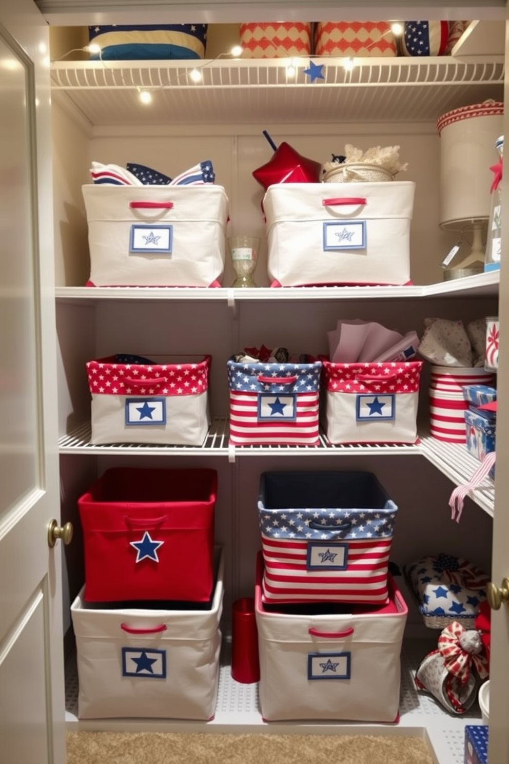 Festive fabric storage baskets in vibrant red white and blue patterns are arranged neatly in a spacious closet. Each basket features a decorative star motif and is labeled for easy organization of seasonal items. The closet is adorned with string lights that add a cheerful ambiance perfect for Independence Day celebrations. Shelves are lined with coordinating accessories like flags and themed decorations to enhance the festive spirit.