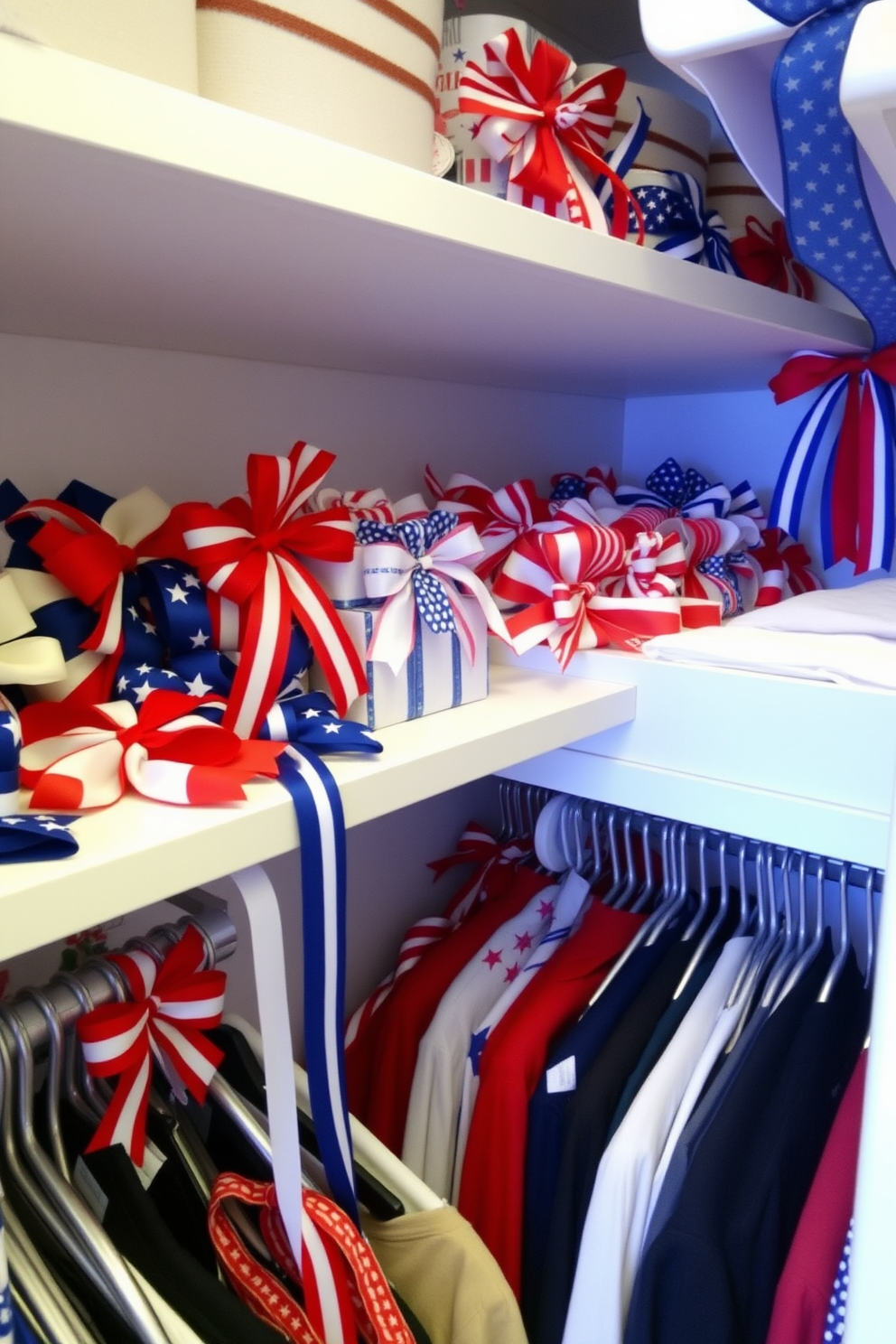 Colorful ribbon accents adorn the shelves, creating a festive atmosphere in the closet. The ribbons are arranged in various patterns and colors, adding a playful touch to the space while celebrating Independence Day.