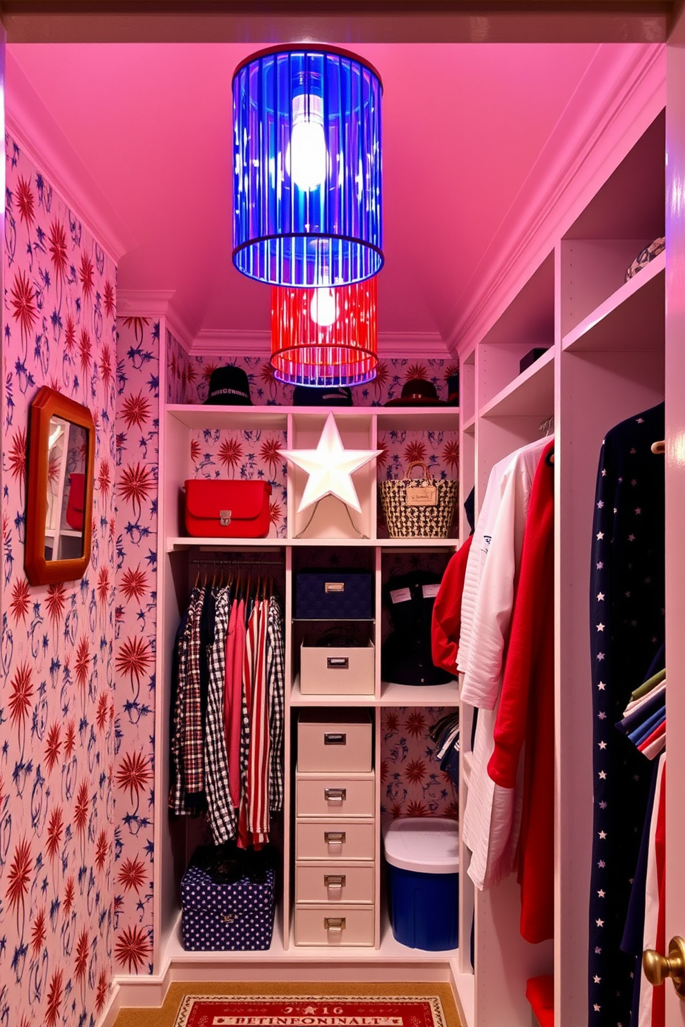 A themed closet featuring striking red, white, and blue lighting fixtures that evoke the spirit of Independence Day. The walls are adorned with patriotic-themed wallpaper, and the closet is organized with stylish storage solutions for a festive touch.