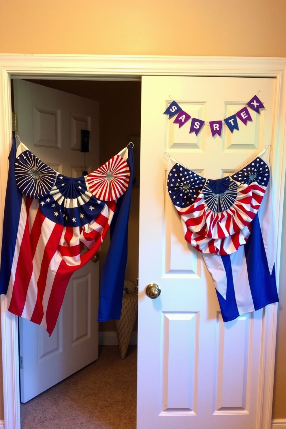 Decorative flags are artfully displayed on the closet doors, celebrating the spirit of Independence Day. The vibrant colors and patterns create a festive atmosphere, enhancing the overall decor of the room.