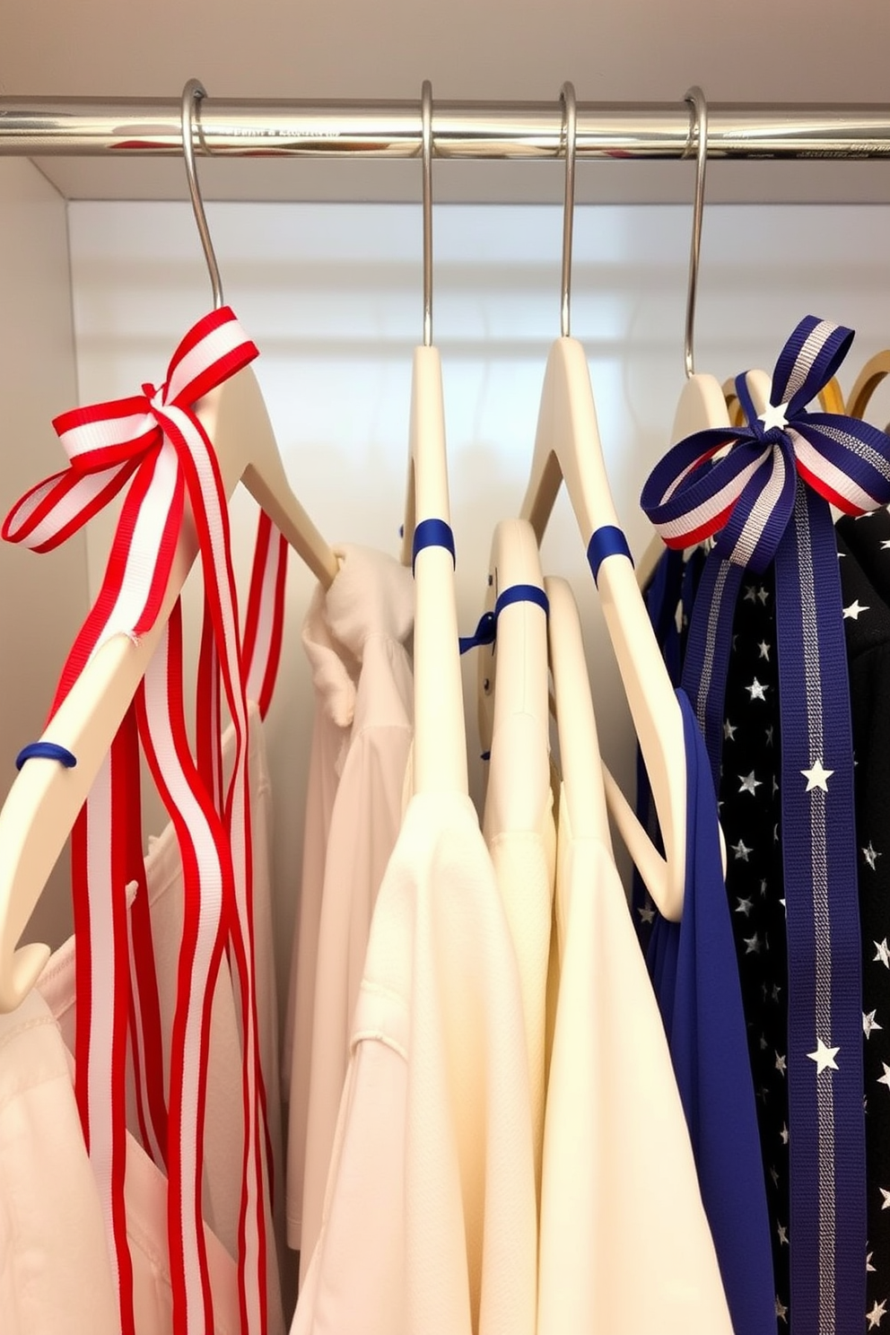 Create a festive closet space celebrating the Fourth of July. The hangers are adorned with red white and blue ribbons and small stars to enhance the Independence Day theme.