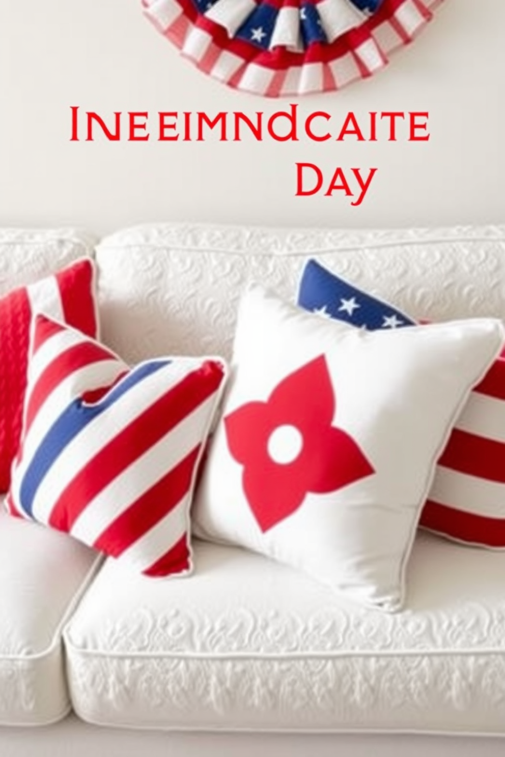 Red white and blue themed pillows are arranged on a plush white sofa creating a festive atmosphere. The pillows feature various patterns including stripes and stars, enhancing the patriotic decor for Independence Day celebrations.