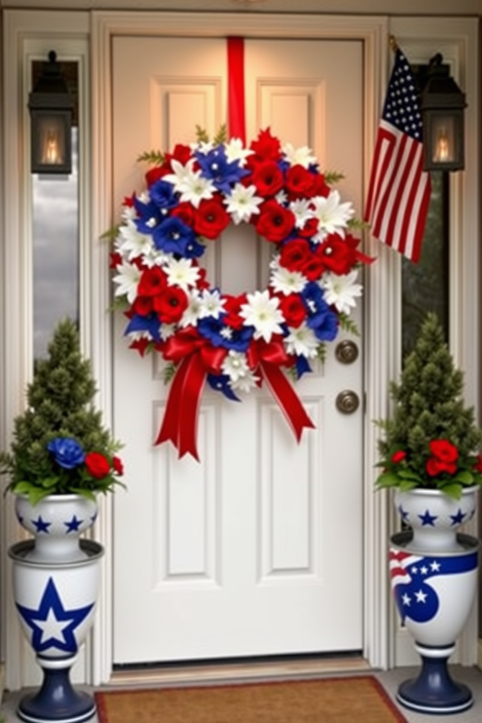 Create a festive entryway adorned with a vibrant wreath made of red white and blue flowers and ribbons. The door is painted in a crisp white hue providing a perfect backdrop for the patriotic decorations. Flank the door with potted plants featuring stars and stripes themed planters. Add subtle lighting to highlight the decorations during evening gatherings.