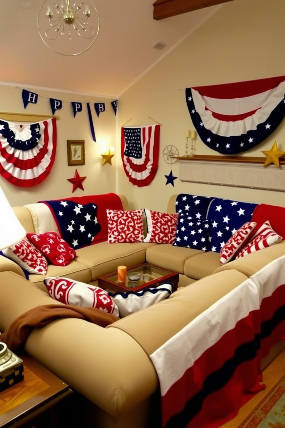 A cozy living room adorned for Independence Day features plush couches draped with vibrant red, white, and blue throw blankets. The walls are decorated with festive bunting and stars, creating a warm and inviting atmosphere for celebrating the holiday.