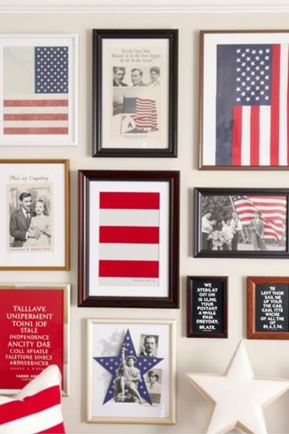 Create a gallery wall featuring a mix of patriotic art pieces celebrating Independence Day. Incorporate framed prints of the American flag, vintage postcards, and quotes from famous American figures, arranged in an eye-catching layout.