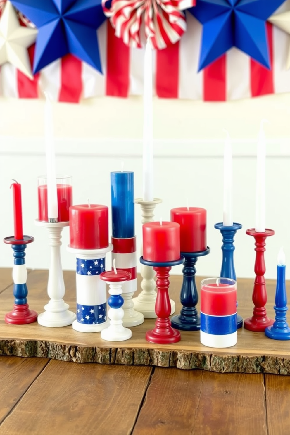 Create a festive Independence Day display featuring an array of red white and blue candles in various heights and sizes. Arrange the candles on a rustic wooden table, complemented by a backdrop of patriotic decorations such as stars and stripes.