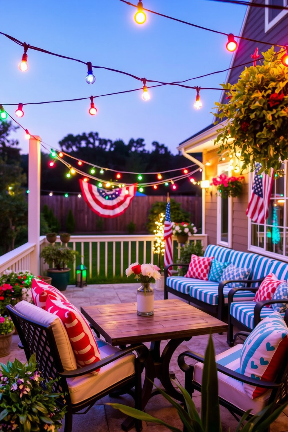 Create a vibrant outdoor space adorned with string lights in festive colors to celebrate Independence Day. The lights should be draped elegantly across the patio, illuminating the area with a warm and inviting glow.