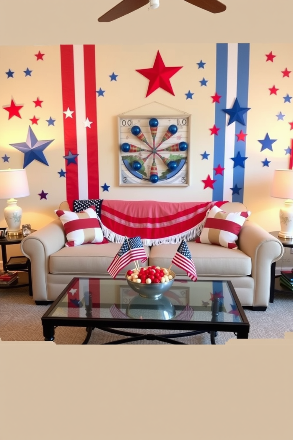 Create a vibrant living room featuring themed wall decals that celebrate Independence Day. The walls are adorned with red white and blue stars and stripes creating a festive atmosphere. In the center of the room a comfortable sofa is draped with a patriotic throw blanket. A coffee table is decorated with small American flags and a bowl of red white and blue themed snacks.