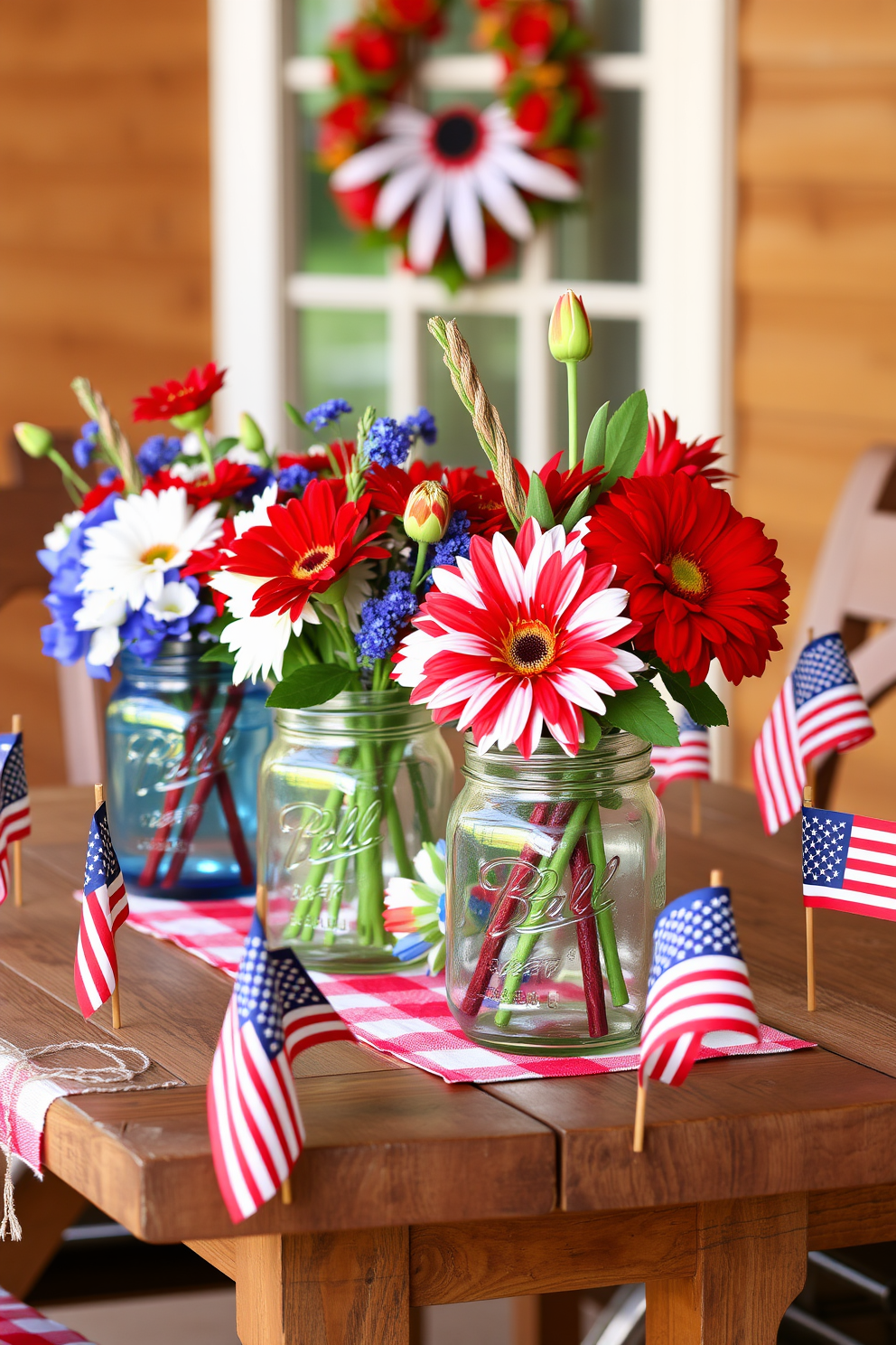 Create a festive Independence Day scene featuring mason jars filled with vibrant red white and blue flower arrangements. The jars are placed on a rustic wooden table adorned with a checkered tablecloth and surrounded by small American flags.