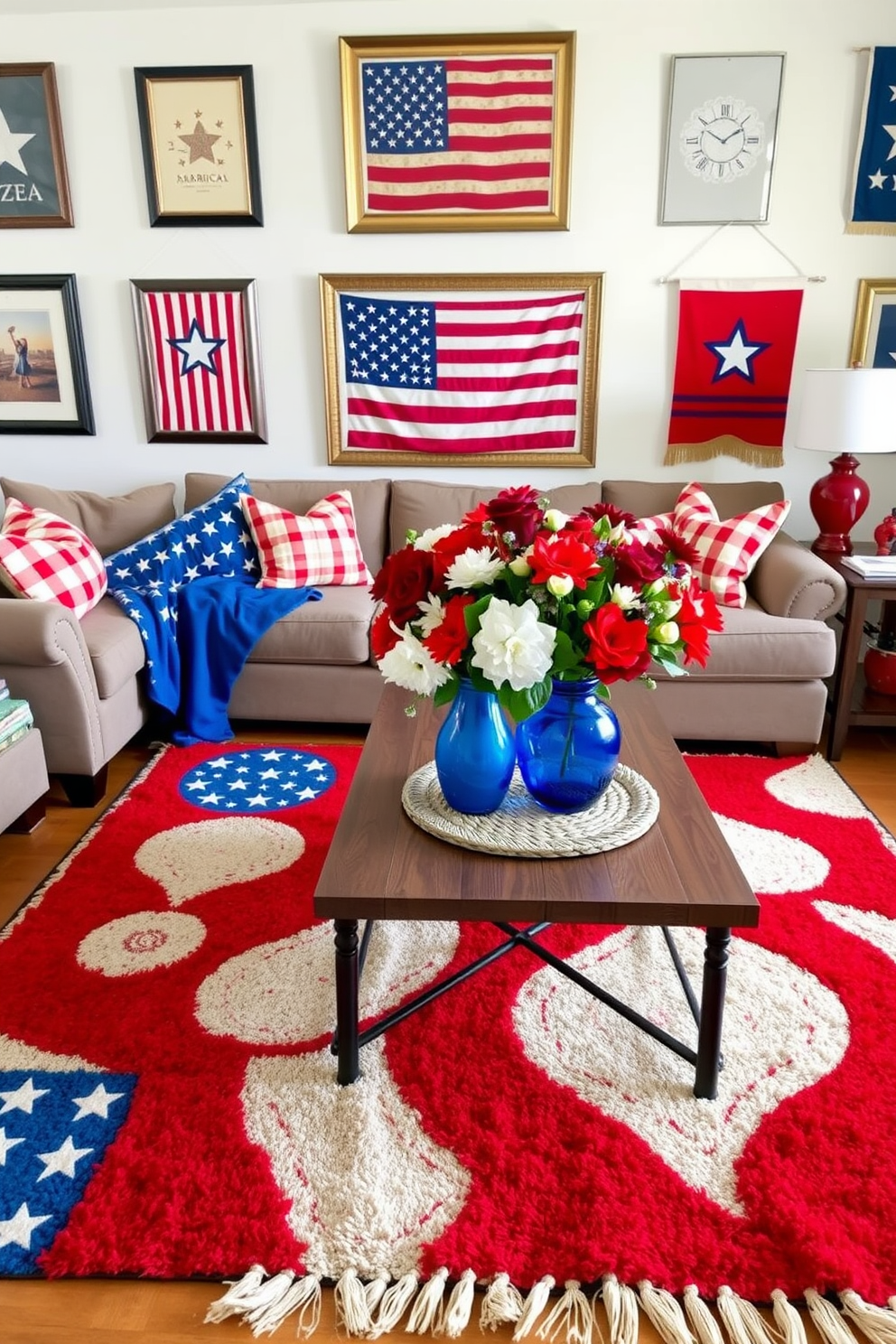 A festive living room adorned with red white and blue rugs that celebrate Independence Day. The rugs are placed under a cozy coffee table surrounded by a sectional sofa draped with patriotic throw pillows. On the walls, there are framed vintage American flags and star-spangled banners that enhance the holiday spirit. A vibrant centerpiece featuring red and white flowers in a blue vase sits on the table, completing the festive decor.