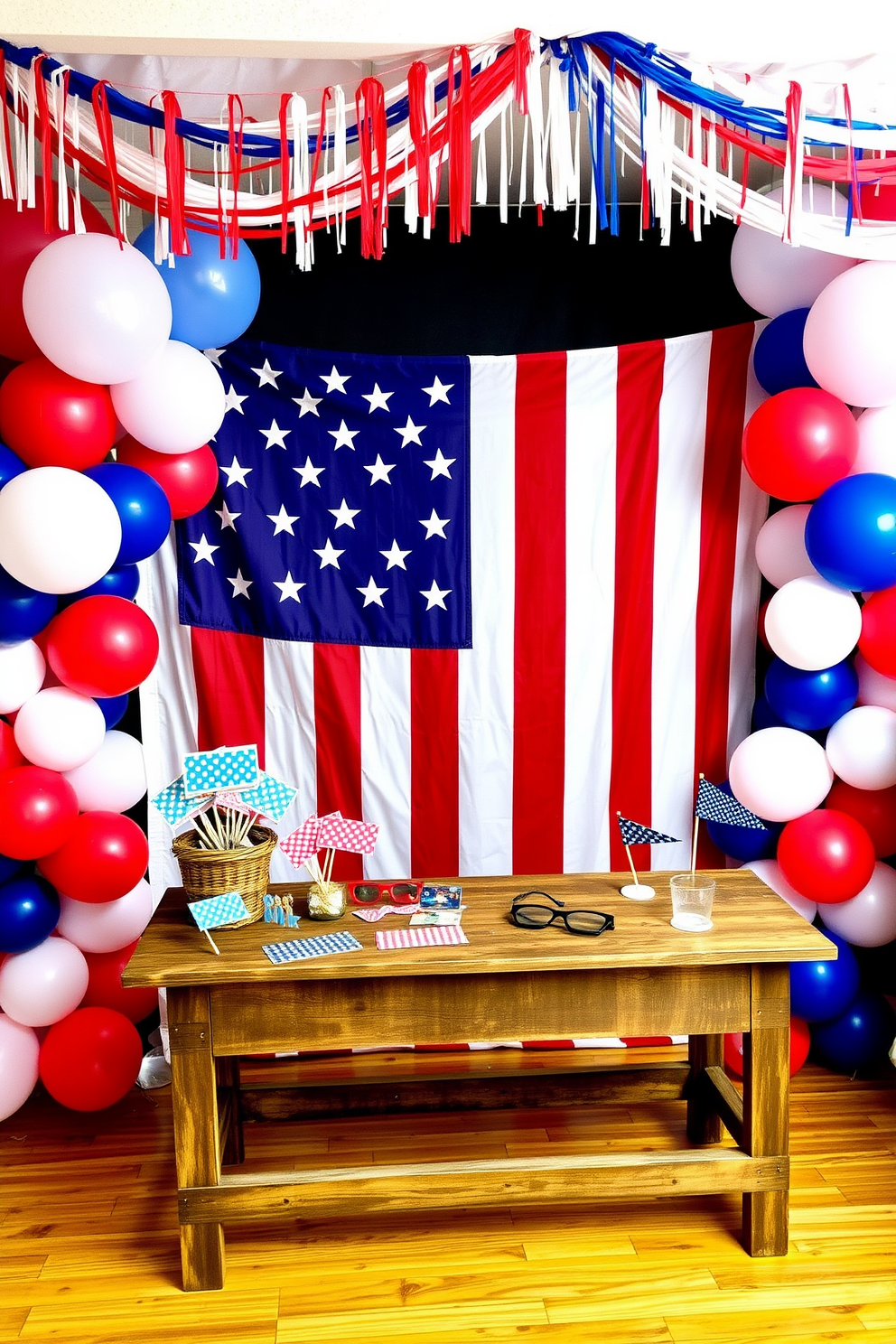 Create a vibrant photo booth setting inspired by Independence Day. The backdrop features a large American flag with red white and blue balloons arranged around the edges. A rustic wooden table holds various props including star shaped sunglasses and mini flags. Red white and blue streamers hang from the ceiling adding to the festive atmosphere.