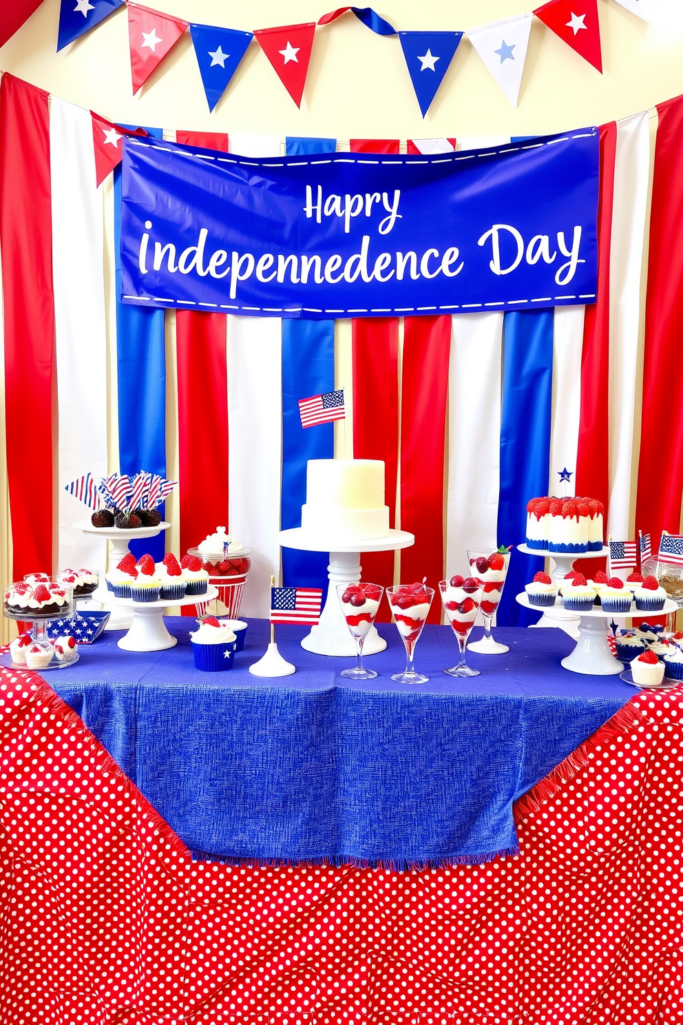 A festive dessert table display for Independence Day featuring a vibrant red, white, and blue color scheme. The table is adorned with star-spangled tablecloths and decorative bunting, showcasing an array of themed desserts like flag-inspired cupcakes and berry parfaits.