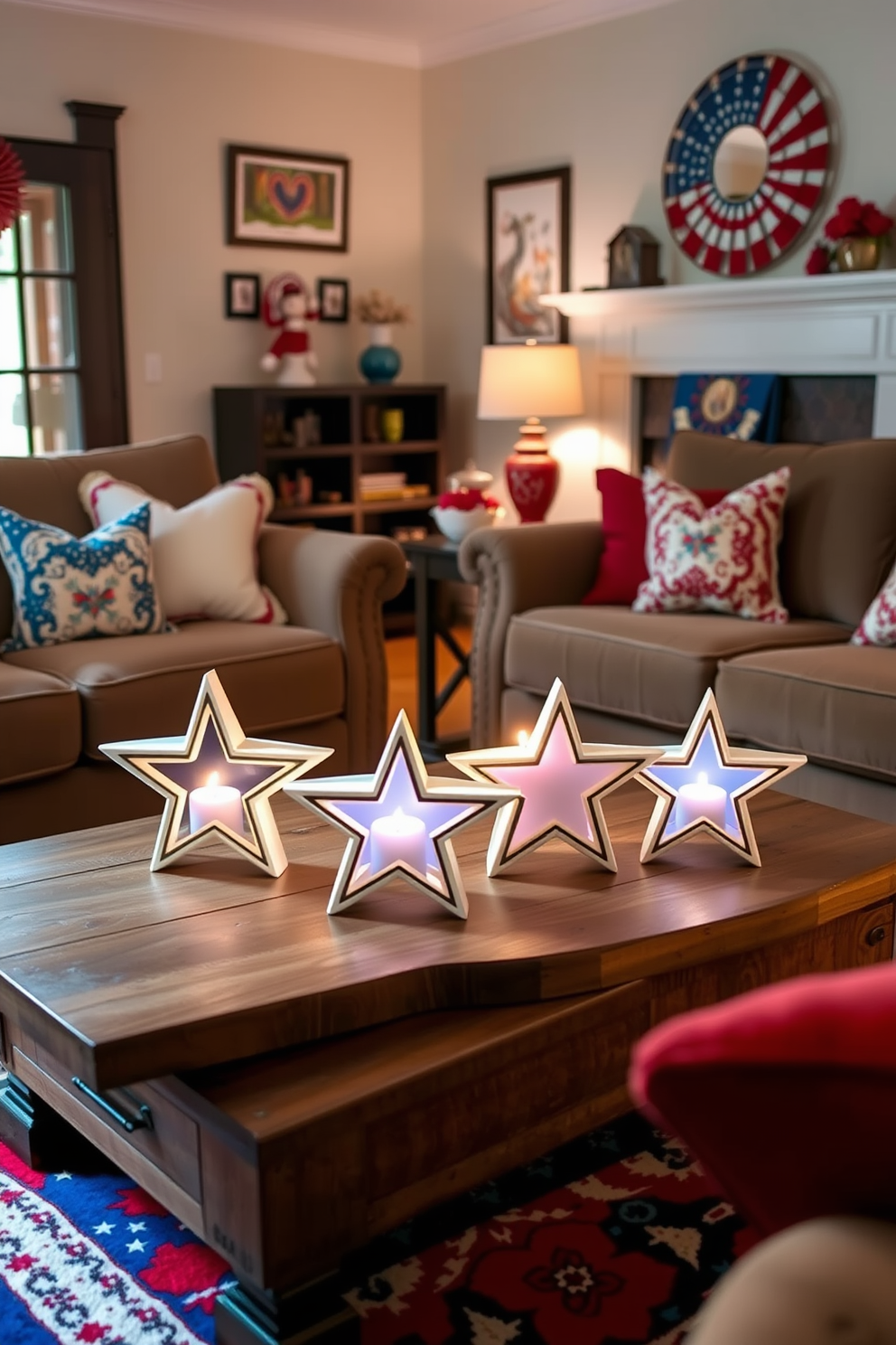 A cozy living room setting adorned with star shaped candleholders that add a festive touch for Independence Day. The candleholders are placed on a rustic wooden coffee table surrounded by plush seating in red, white, and blue tones. The walls are decorated with patriotic artwork, and a vibrant area rug anchors the space. Soft lighting creates a warm ambiance, highlighting the decorative elements and inviting relaxation.