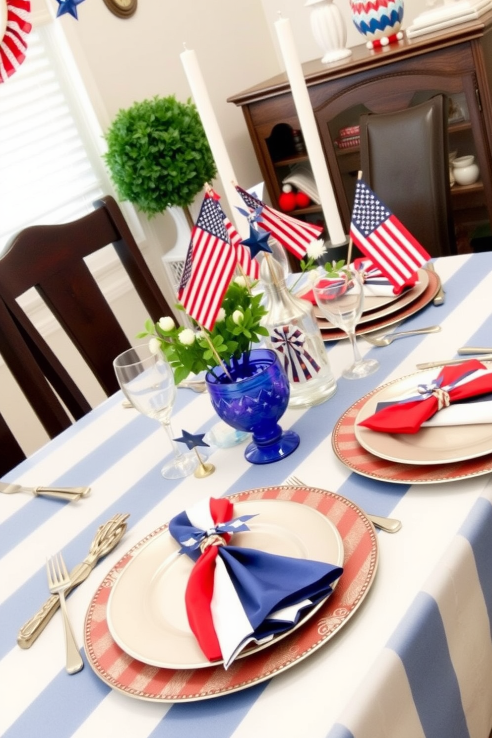 Create a vibrant dining table setting for Independence Day. Use festive napkins and plates in red, white, and blue colors to enhance the patriotic theme. Incorporate decorative elements like small flags and centerpieces featuring stars and stripes. Arrange the tableware elegantly to invite a celebratory atmosphere for the holiday.