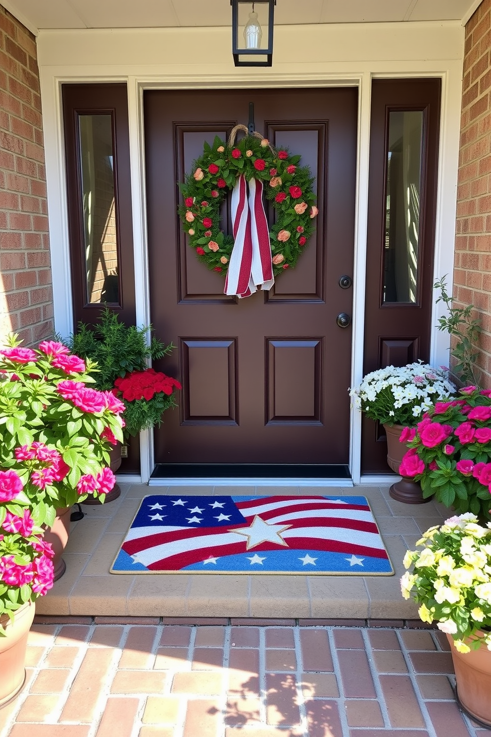 A charming entryway features a patriotic doormat emblazoned with red white and blue colors welcoming guests with a festive touch. Flanking the entrance are potted plants with vibrant blooms adding a touch of greenery to the holiday decor.