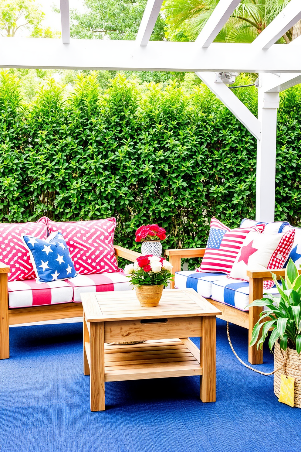 Create a vibrant outdoor seating area adorned with themed cushions that celebrate Independence Day. The cushions feature red, white, and blue patterns with stars and stripes, complementing the natural wood of the furniture and the lush greenery surrounding the space.