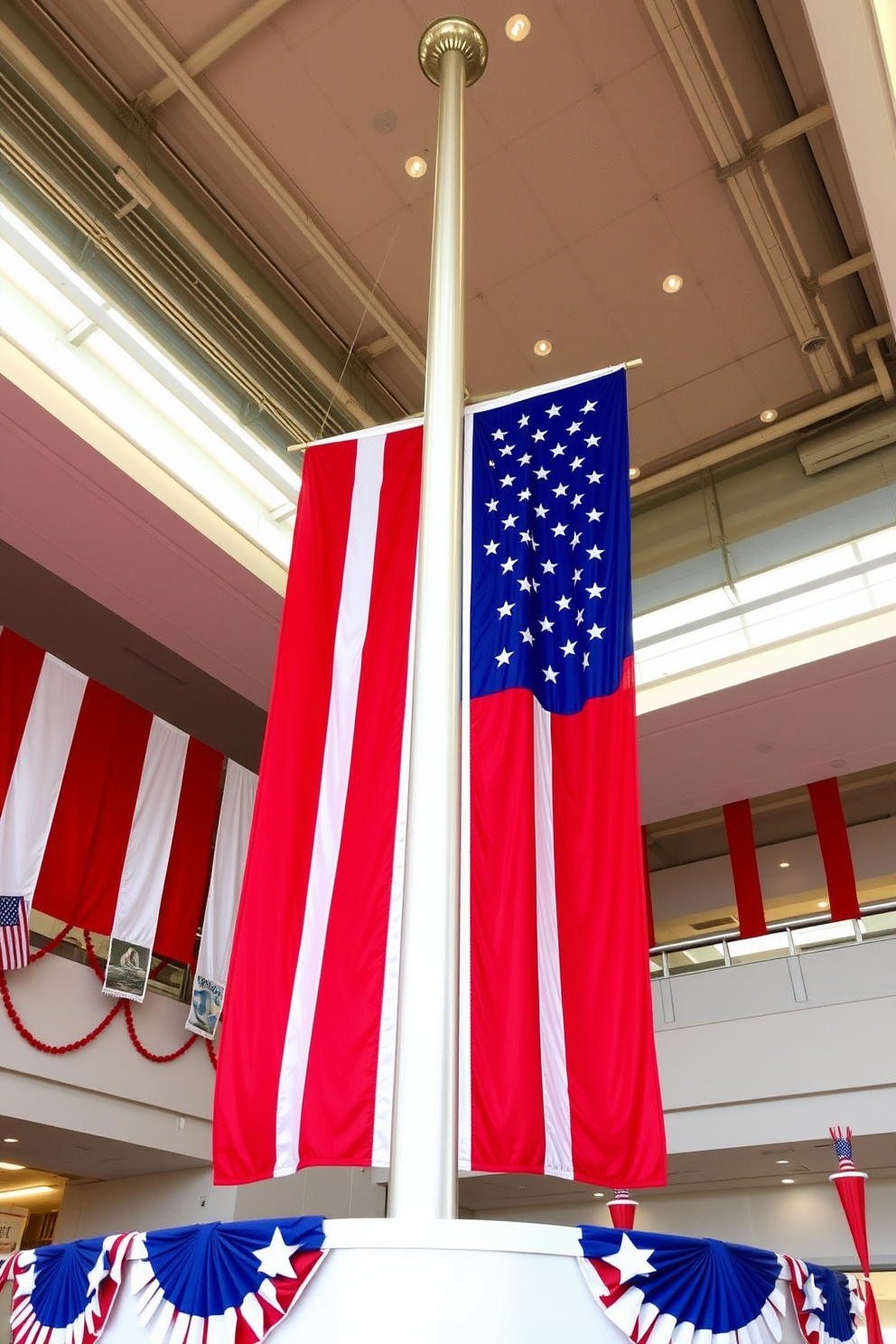 A large American flag waves proudly in a central location, symbolizing patriotism and celebration. Surrounding the flag, red white and blue decorations enhance the festive atmosphere for Independence Day.