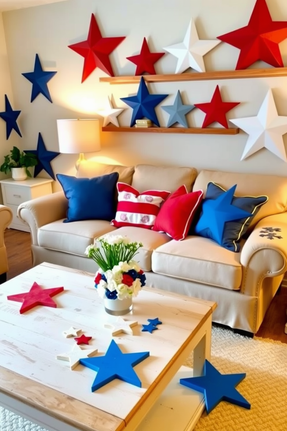 Create a festive living room setting adorned with painted wooden stars in red white and blue. The stars are strategically placed on the walls and shelves to enhance the patriotic theme while a cozy sofa with throw pillows in matching colors invites relaxation. Incorporate a coffee table centerpiece featuring a small arrangement of flowers alongside a few scattered wooden stars. The space is illuminated by warm lighting creating a welcoming atmosphere perfect for celebrating Independence Day.