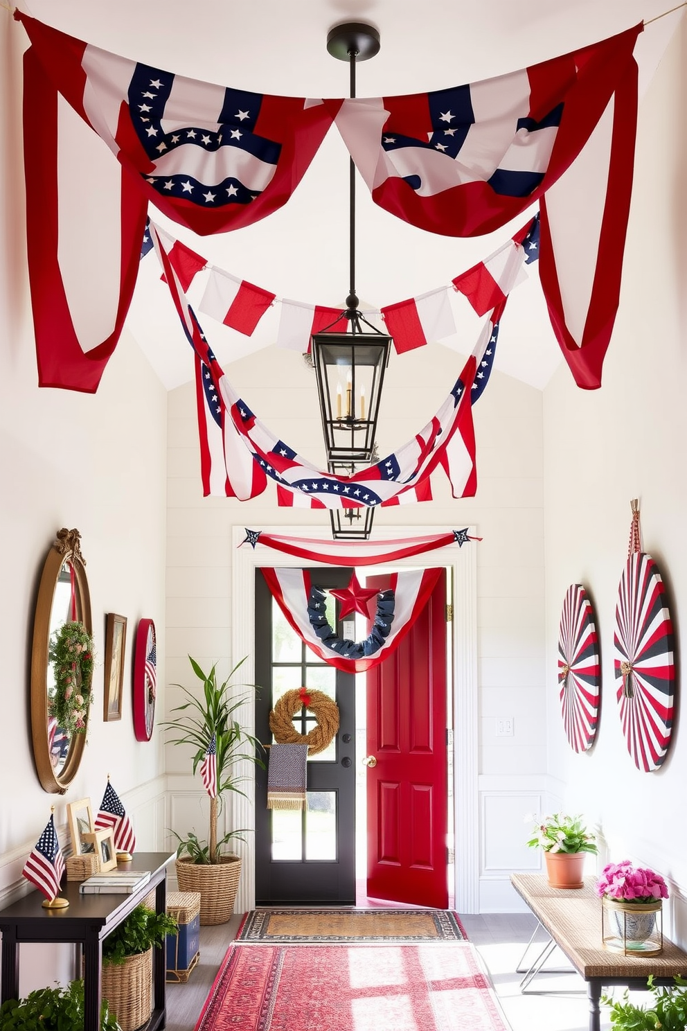 Create a festive entryway that captures the spirit of Independence Day. The space features red white and blue banners hanging from the ceiling along with patriotic decorations adorning the walls.