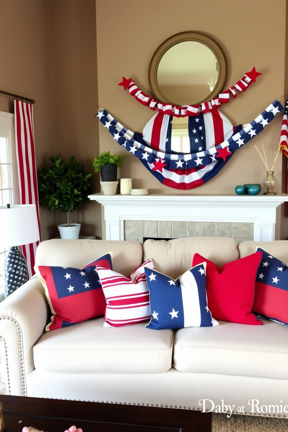 A festive living room adorned for Independence Day. A vibrant stars and stripes garland hangs across the mantel, complementing red white and blue throw pillows on the sofa.