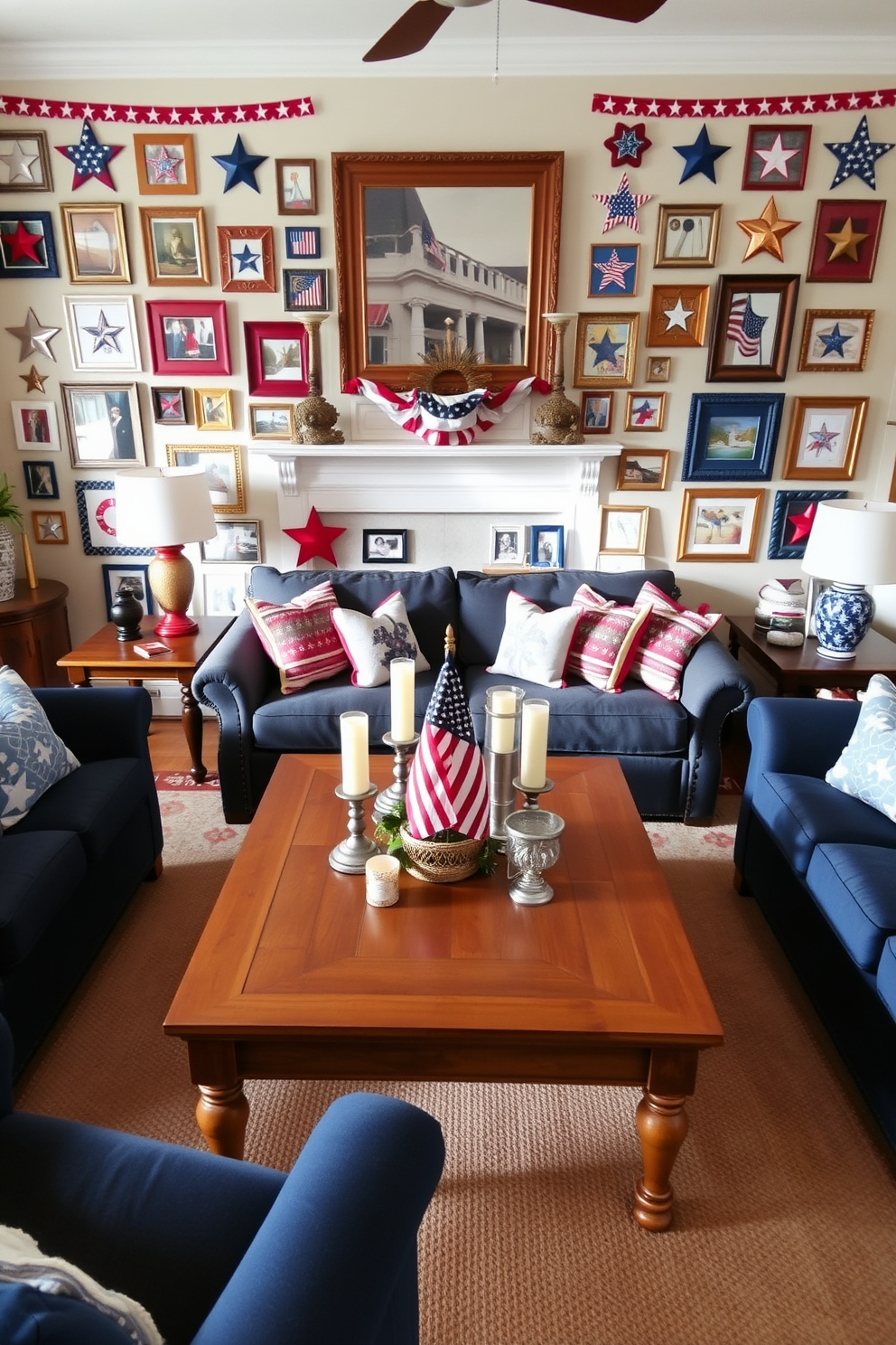 A festive living room adorned with themed picture frames celebrating Independence Day. The walls are decorated with red white and blue accents featuring stars and stripes throughout the space. A large wooden coffee table is centered in the room surrounded by a plush navy sofa and matching armchairs. On the table sits a collection of decorative items including candles and a small flag arrangement.