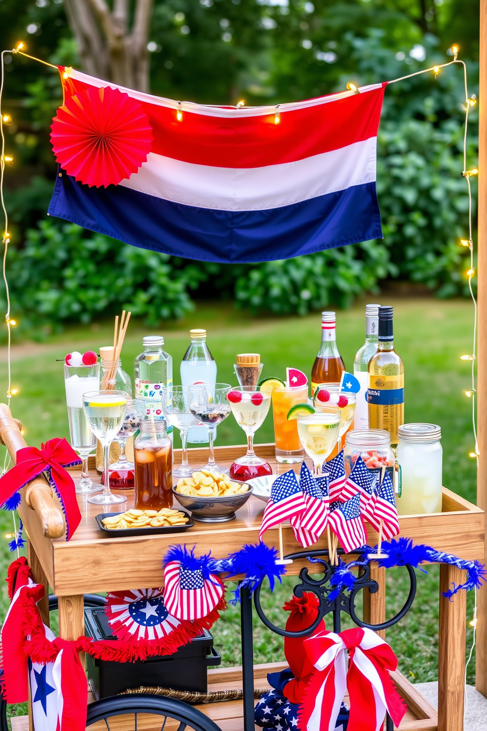 A festive drinks station is set up with a rustic wooden bar cart adorned with red white and blue decorations. Glassware is neatly arranged alongside a variety of beverages including sparkling water and cocktails garnished with fresh fruit. The backdrop features a patriotic banner and string lights that create a warm inviting ambiance. A small table is decorated with a centerpiece of miniature American flags and a bowl of snacks to complement the drinks.