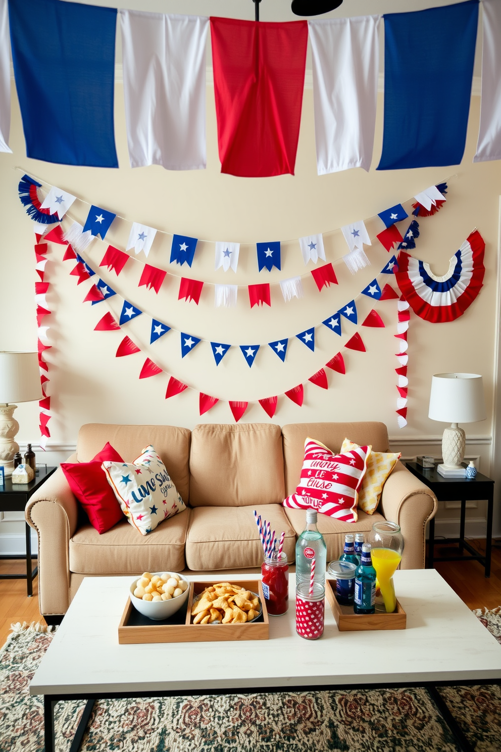 A festive living room adorned with red white and blue patriotic bunting draped across the walls. The space features a cozy seating area with a plush sofa and a coffee table decorated with themed snacks and drinks for Independence Day celebrations.