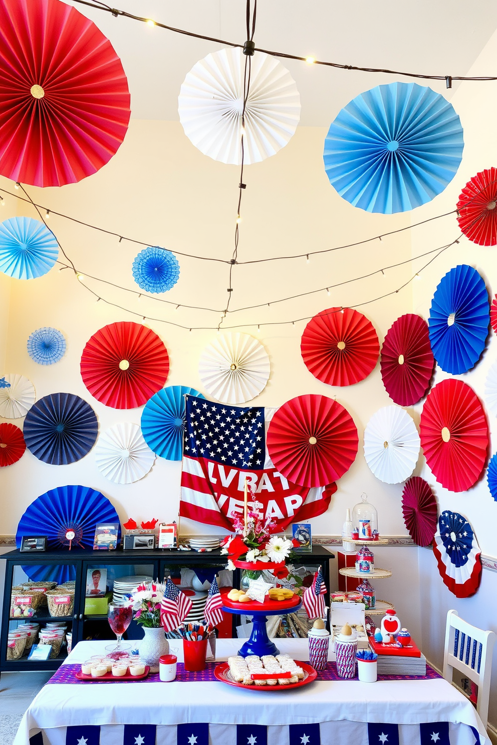 Create a vibrant Independence Day celebration scene featuring colorful paper fans in red white and blue adorning the walls. The festive atmosphere is enhanced by string lights draped across the ceiling and a large table set with themed decorations and treats.