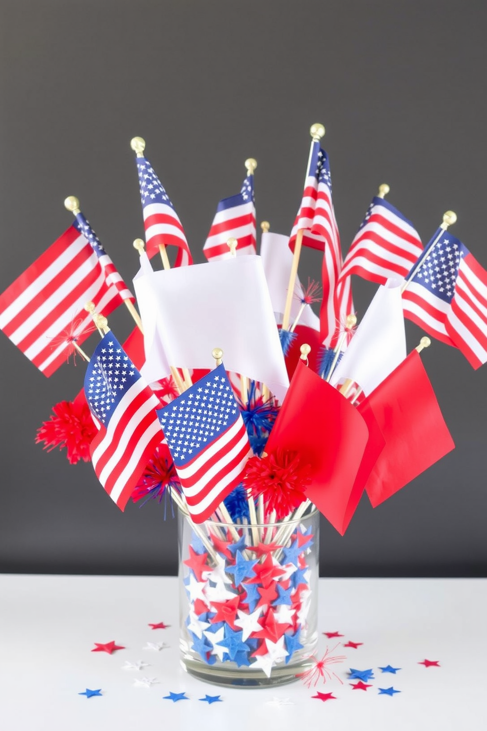 Create a festive centerpiece featuring a mix of red white and blue flags arranged in a vibrant bouquet. Surround the flags with small decorative elements like stars and mini fireworks to enhance the Independence Day theme.