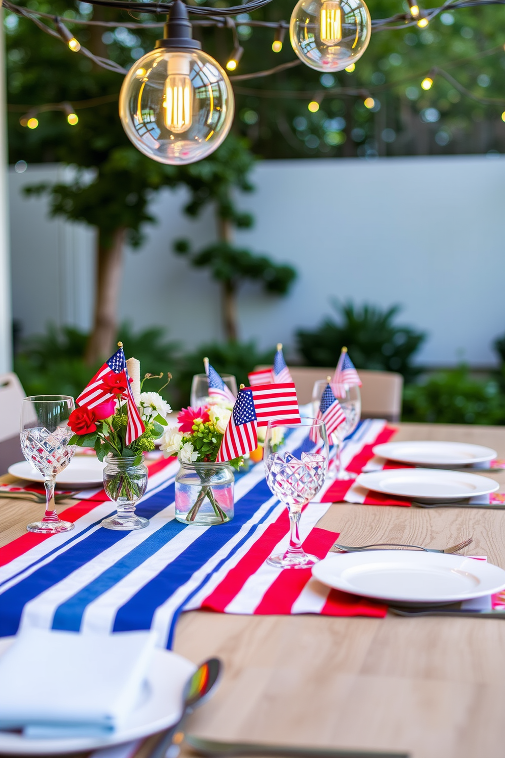 A festive dining table setting for Independence Day. The table is adorned with vibrant striped table runners in red, white, and blue, complemented by white dinnerware and sparkling glassware. Patriotic centerpieces featuring small American flags and fresh flowers add a cheerful touch. String lights are draped overhead, creating a warm and inviting atmosphere for the celebration.