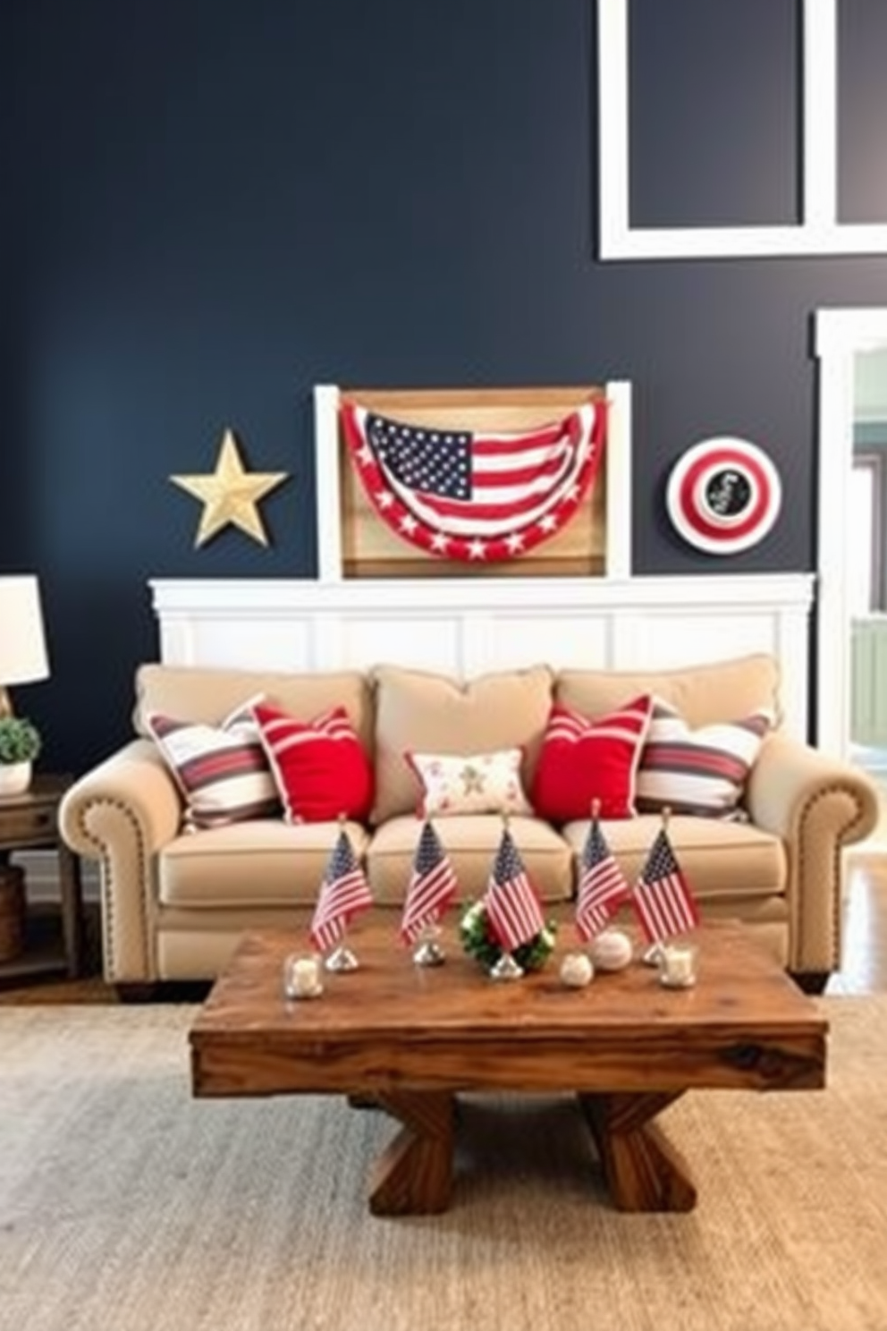 A cozy living room adorned with an accent wall painted in navy blue. The wall is complemented by white trim and features patriotic decorations that celebrate Independence Day. A plush beige sofa sits against the wall, accented with red and white throw pillows. A rustic coffee table made of reclaimed wood is placed in front, surrounded by small American flags and a festive centerpiece.