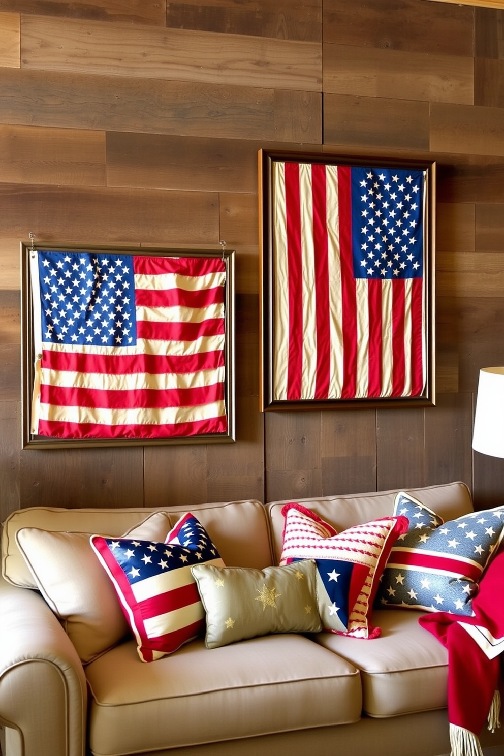 Create a festive living room setting that showcases vintage American flags as art pieces. The flags are framed and hung on a rustic wooden wall, complementing a cozy seating area with patriotic-themed cushions and a red, white, and blue throw blanket.