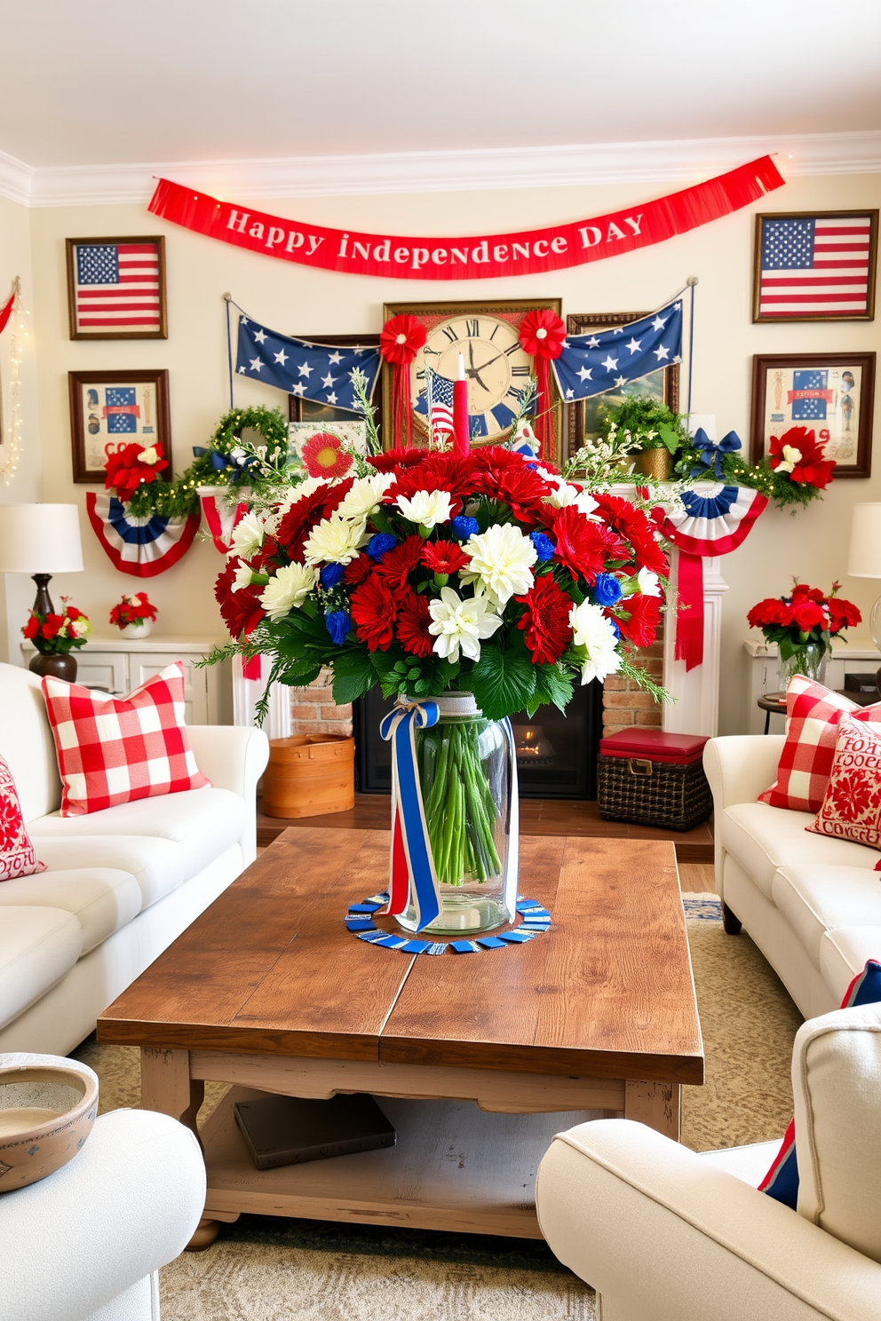 A festive living room adorned with red white and blue flowers celebrating Independence Day. A large centerpiece vase filled with vibrant blooms sits on a rustic wooden coffee table surrounded by plush white sofas. Banners and garlands in patriotic colors drape elegantly across the mantelpiece. The walls are decorated with framed vintage American flags and twinkling fairy lights for a warm ambiance.