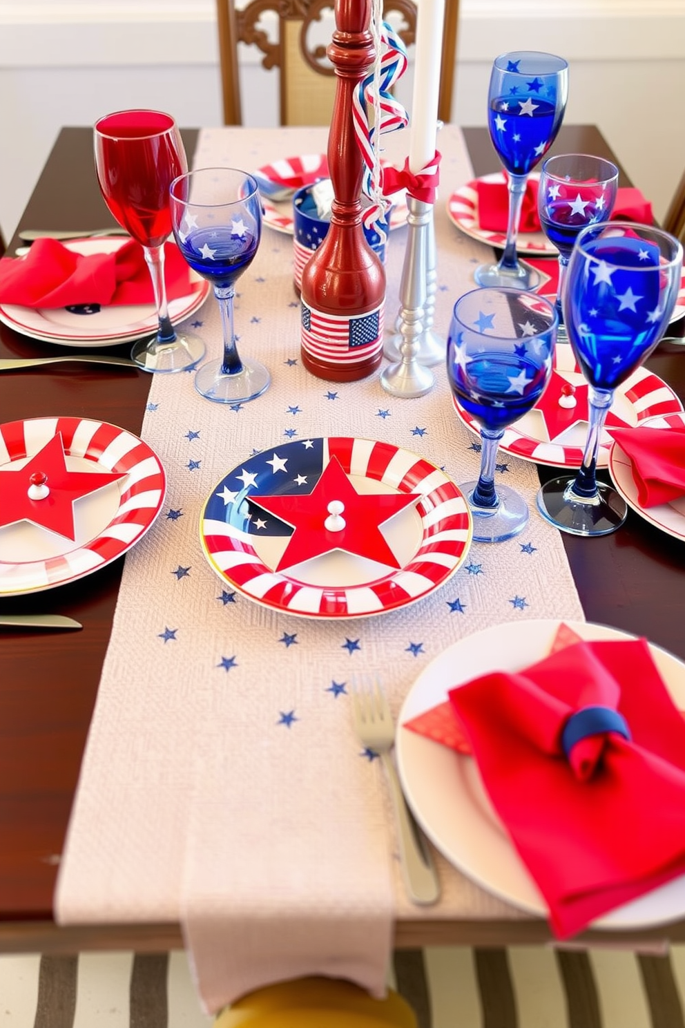 A festive dining table is set with star spangled tableware featuring red white and blue colors. Plates adorned with stars and stripes are complemented by matching napkins and glassware, creating a patriotic atmosphere for Independence Day celebrations.