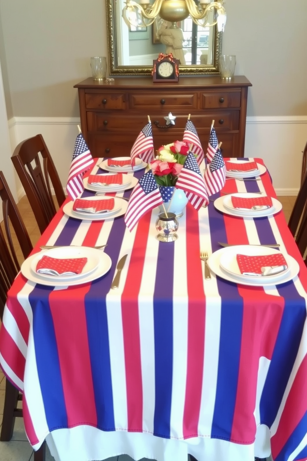 A patriotic dining room setting featuring a table adorned with a vibrant tablecloth showcasing bold red, white, and blue stripes. The table is set with matching dinnerware, and small American flags are placed in decorative holders at each setting to celebrate Independence Day.